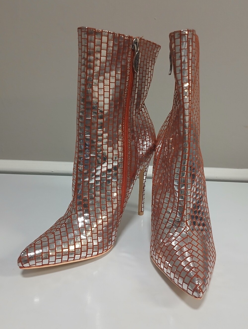Silver Metallic & Red Faux Leather Pointed Toe High Heel Stiletto Ankle Boot 9M